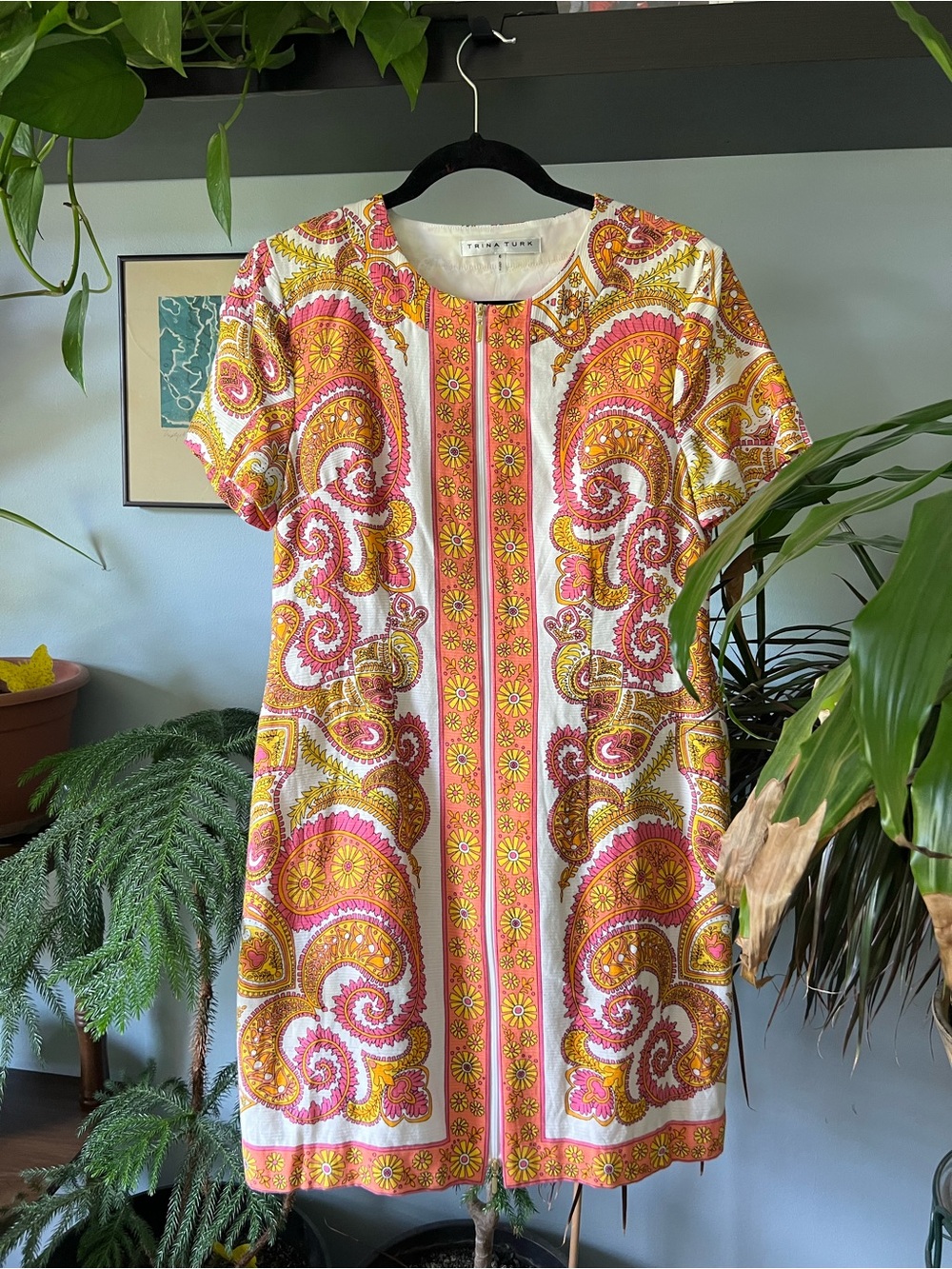 Trina Turk paisley  Shift Dress, Pink, Orange full zip 6